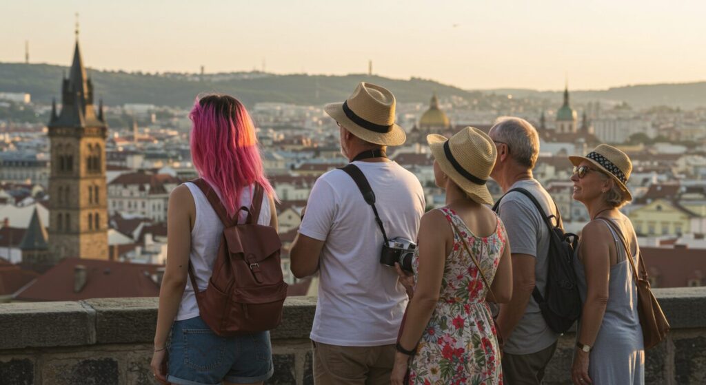 Un groupe de touristes sur un rooftop vue de dos