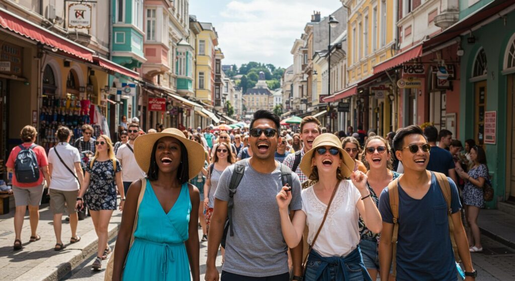 Un groupe de touristes souriants dans la rue en pleine journée