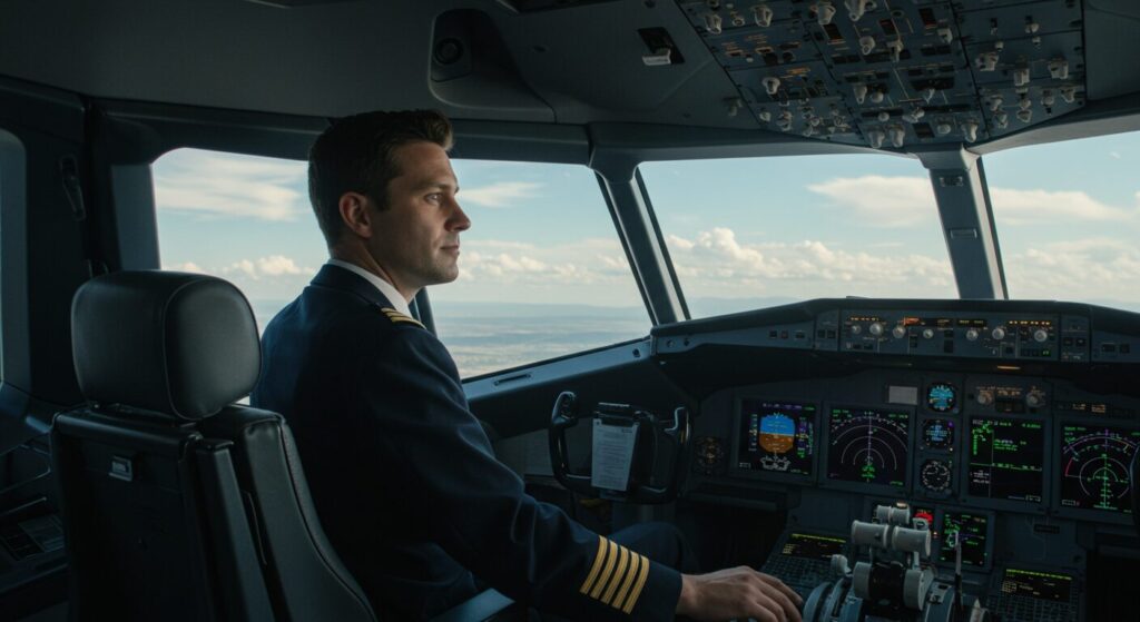 Un pilote d'avion assis dans sa cabine regarde l'horizon