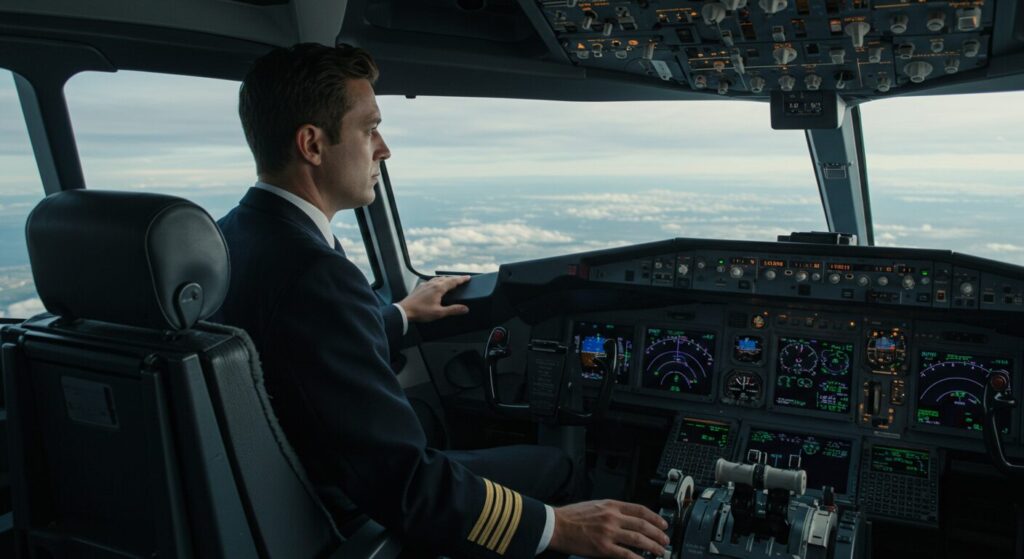 Un jeune pilote d'avion assis dans sa cabine regarde l'horizon