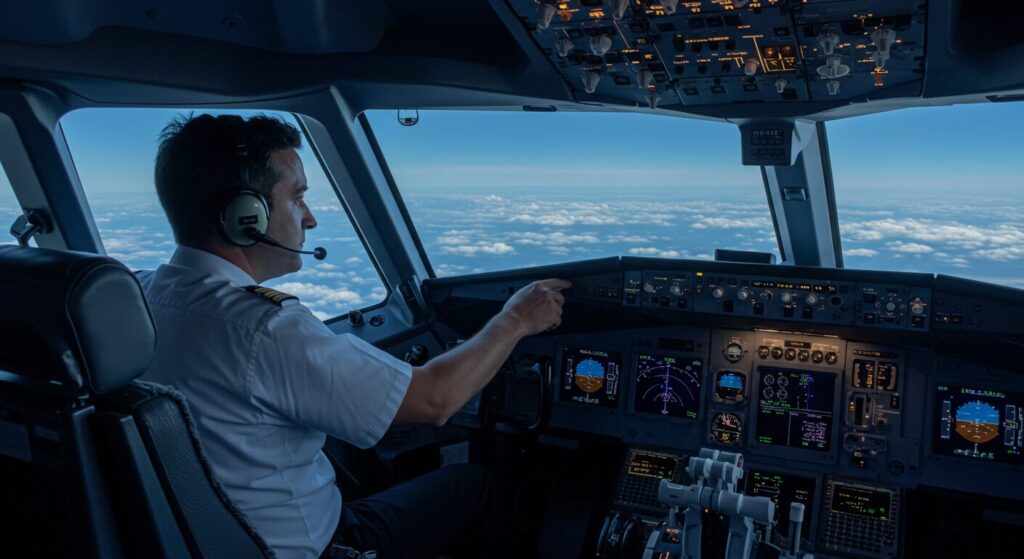 Un pilote d'avion assis dans sa cabine utilise les commandes de vol