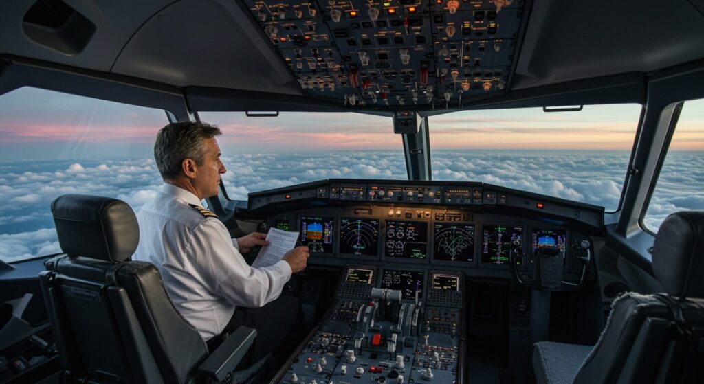 Un pilote d'avion assis dans sa cabine regarde son plan de vol