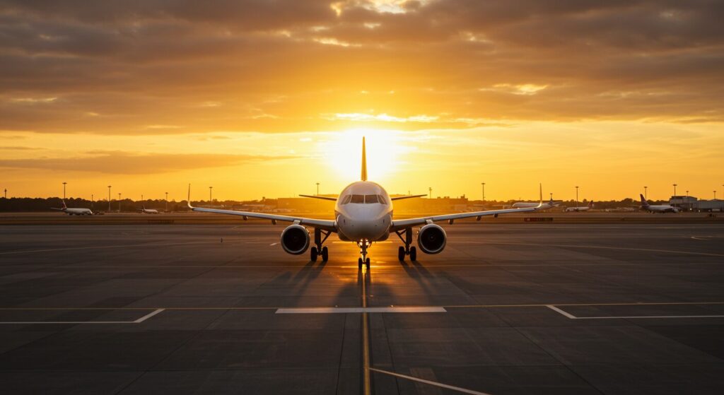 Un avion sur le tarmac de l'aéroport au coucher du soleil