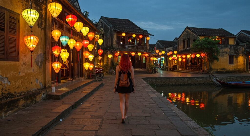 Une touriste sur un port au Vietnam