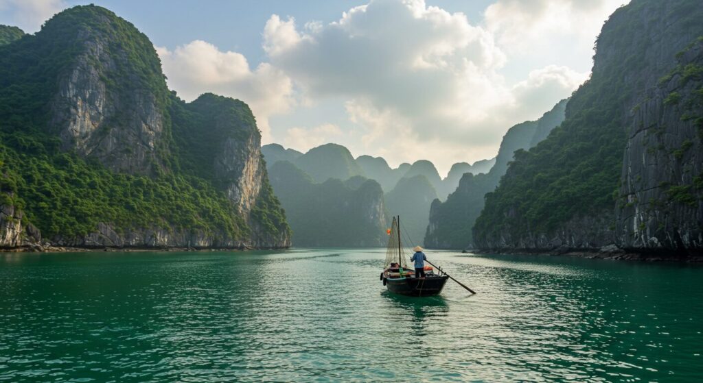 Bateau en mer au Vietnam entouré de montagne