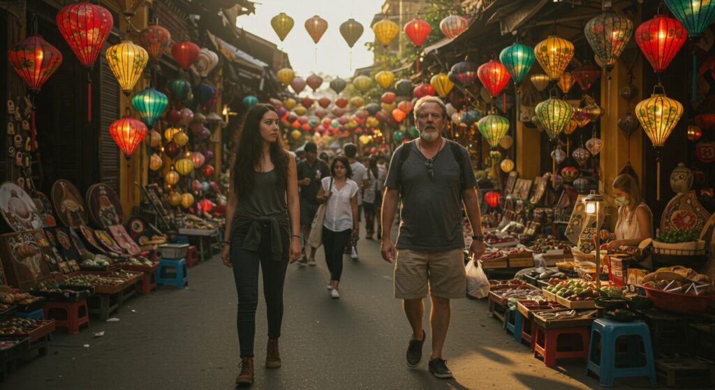 Des touristes se promènent sur un marché au Vietnam