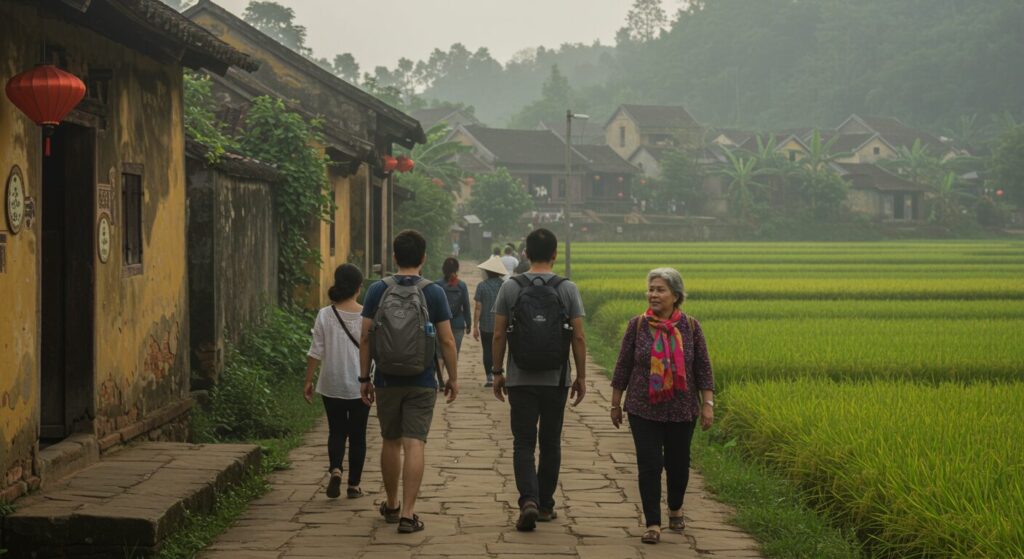 Des touristes se promènent dans une rizière au Vietnam