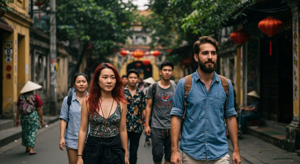 Des touristes se promènent sur un marché au Vietnam