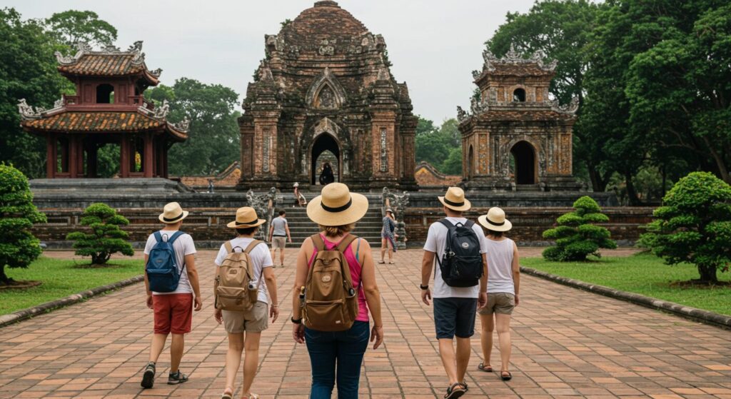 Des touristes se promènent à côté d'un temple au Vietnam