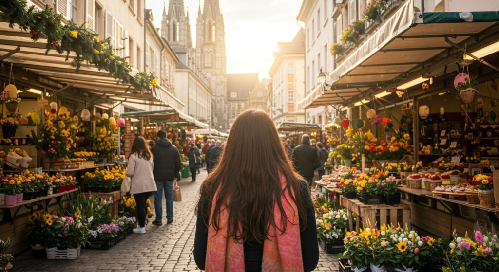 Une jeune femme vue de dos sur un marché avec des fleurs