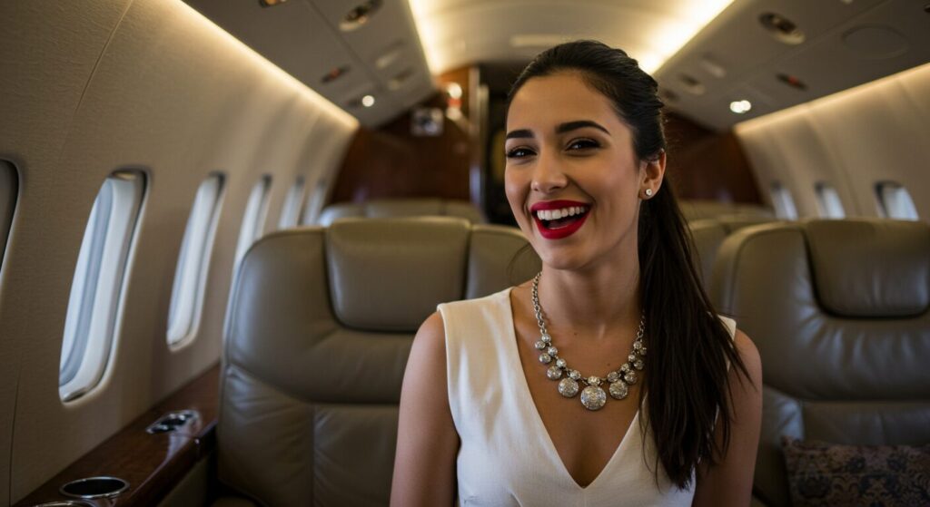Une jeune femme brune souriante en première classe assise dans un avion