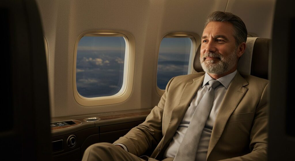 Un senior barbu en première classe assis dans un avion