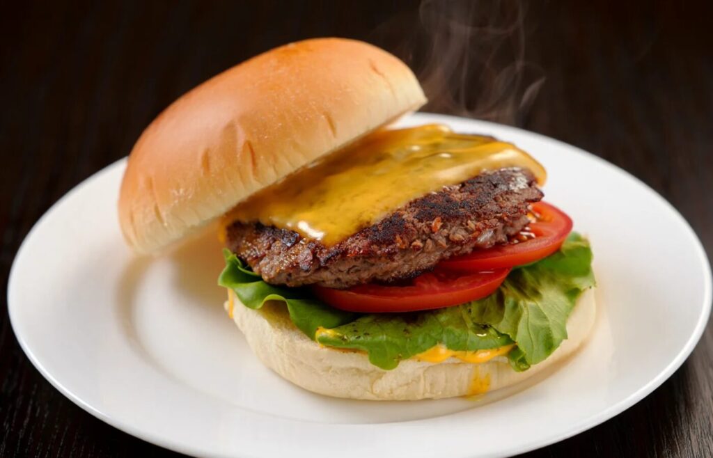 Smash burger fumant dans une assiette au restaurant à Lille
