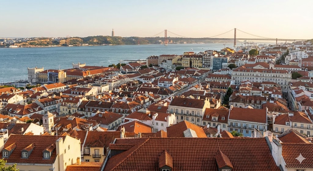 Lisbonne vue du ciel - toits des maisons et du pont
