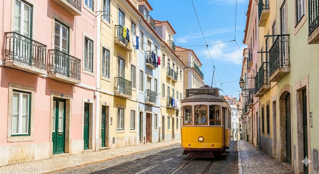 Tramway jaune dans le quartier d'Alfama à Lisbonne